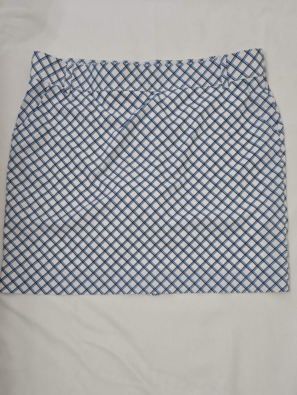 Belyn Key White Mini Skirt‎ with Blue Grid Print L